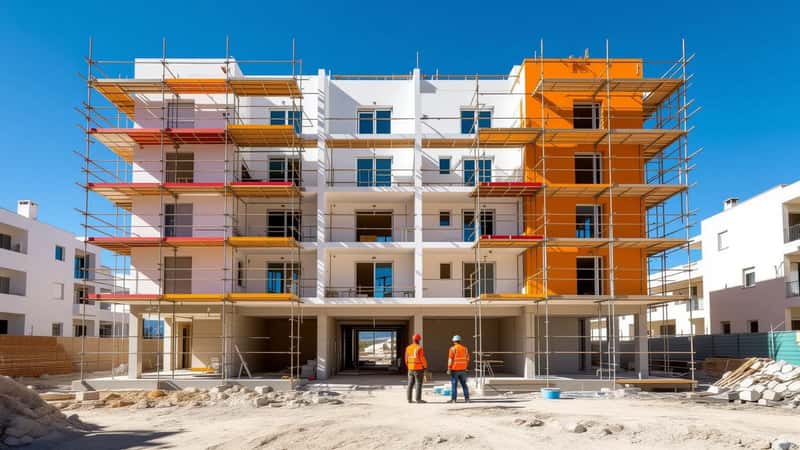 Edifício residencial em Faro com andaimes na fachada sul e trabalhadores a aplicar isolamento térmico, céu azul e sol de meio-dia