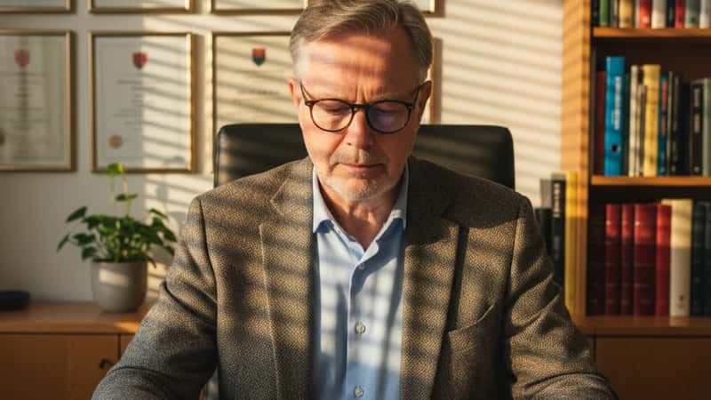 63-årig dansk professor gennemgår kalender med markerede seniordage i sit universitetskontorkontor i Odense, varm eftermiddagslys