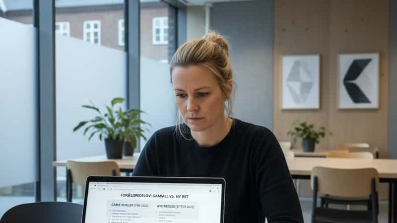 Dansk kvindelig akademiker sammenligner gammel og ny forældreorloven i en moderne fakultetspause i Aarhus, med laptop og overenskomstdokumenter