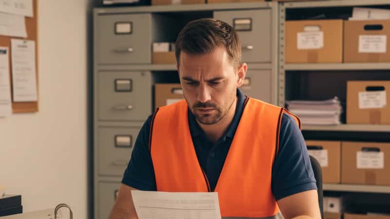Employé de vente d'un magasin de bricolage français consultant son bulletin de paie dans un bureau, documents RH étalés sur la table
