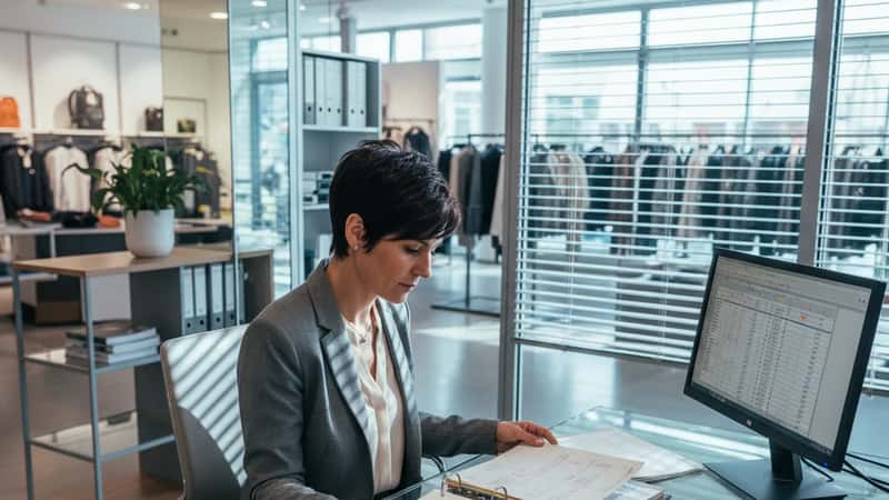 Responsable RH française consultant une convention collective dans le bureau administratif d'un magasin de grande surface