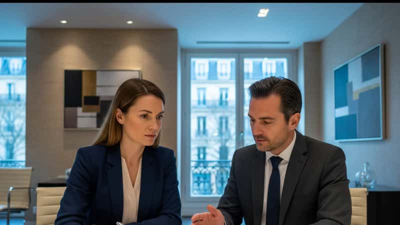Woman and employment attorney reviewing a non-compete contract together across a conference table in an Omaha Nebraska law firm, cool blue conference room lighting