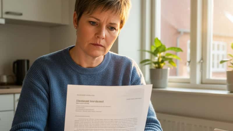 SOSU-medarbejder læser opsigelsesbreve ved køkkenbord i Silkeborg