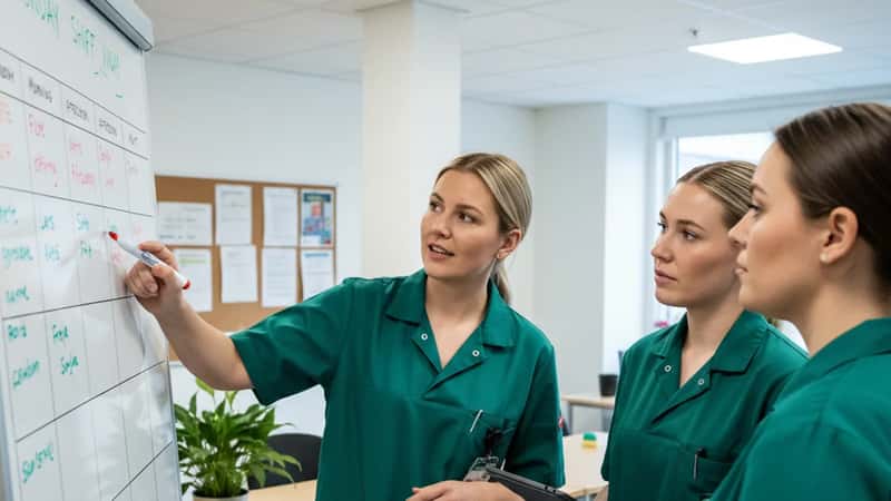 SOSU-teamleder gennemgår ugentlig vagtplan på whiteboard med kolleger i Viborg