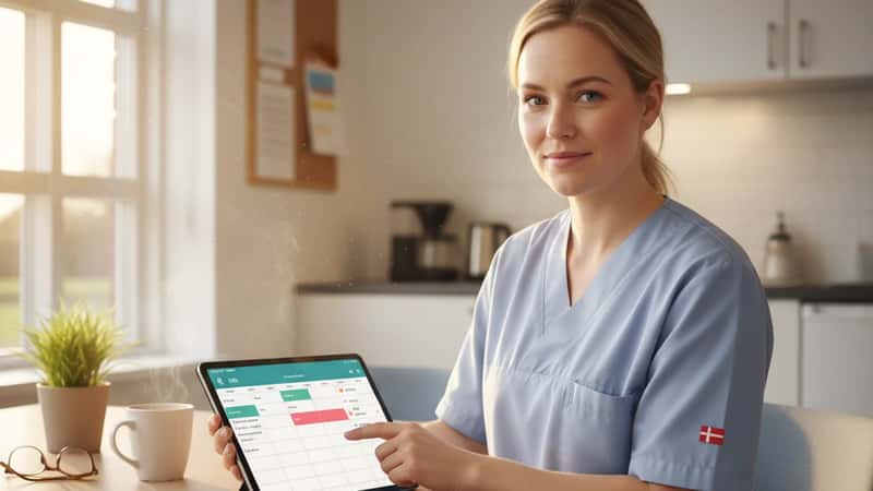 SOSU-medhjælper indtaster vagtpræferencer på tablet i personalerum i Svendborg