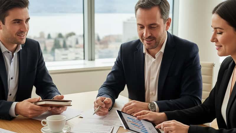 Mains comparant des options financières sur un bureau en chêne avec documents et tablette
