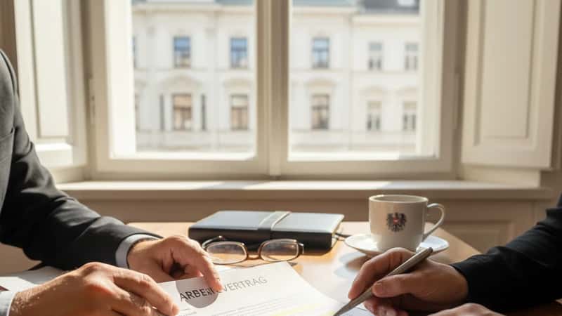 Hände prüfen einen österreichischen Arbeitsvertrag mit markierten Klauseln auf einem Schreibtisch
