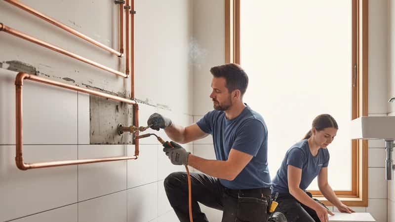 Norsk baderom under renovering med synlige kobberrør og nye hvite fliser
