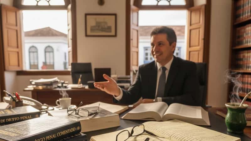 Mesa de advogado criminalista com livros de Direito Penal abertos e anotações em bloco jurídico