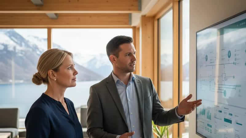 IT-rådgiver gjennomgår systemoversikt på skjerm i et moderne norsk kontor