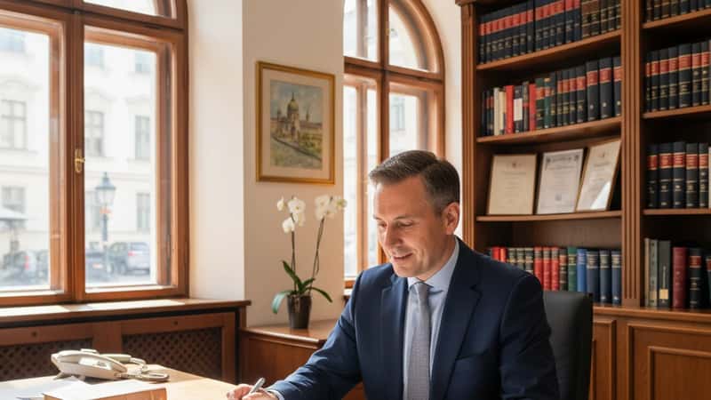 Familienrechtsanwalt prüft Dokumente auf einem Schreibtisch in einer Wiener Kanzlei