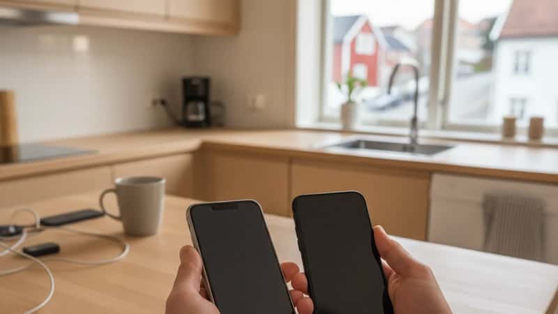 Hender sammenligner to smarttelefoner side om side på en kjøkkenbenk i en norsk leilighet