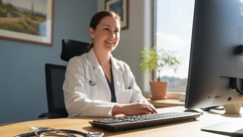 GP desk with stethoscope and Medicare card beside a computer keyboard in a sunlit Australian medical office