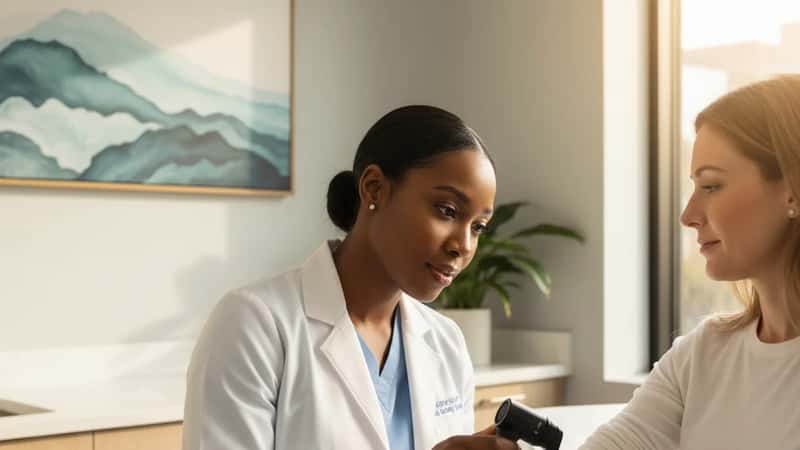 Dermatologist examining a patient's forearm with a dermoscope in a modern clinic