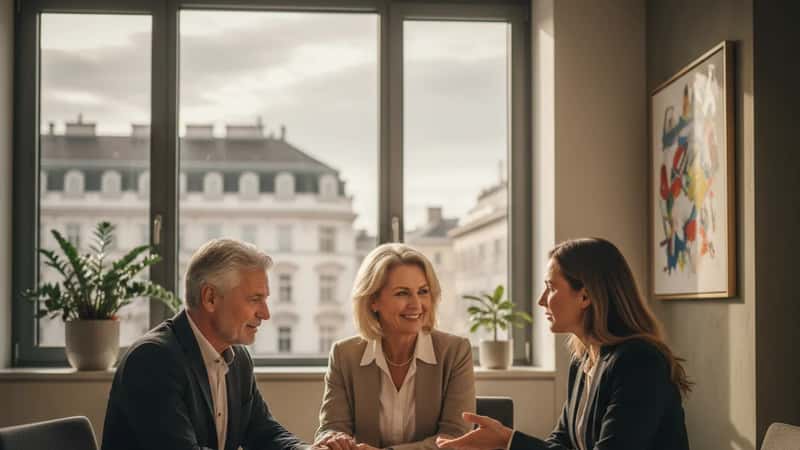 Österreichisches Paar in den Sechzigern im Gespräch mit einem Finanzberater in einem modernen Wiener Büro