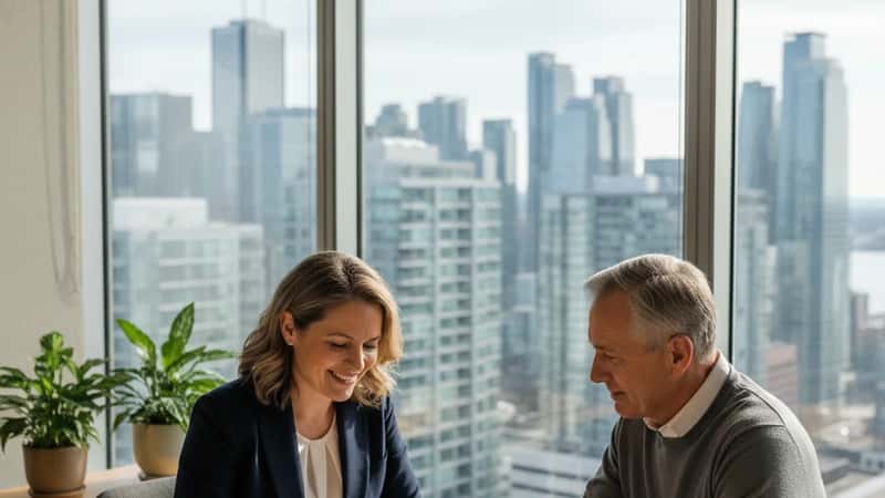 Financial advisor reviewing portfolio allocation documents with a client at a desk