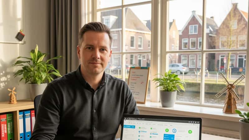 IT-specialist beheert cloudservices op laptop met serverstatus-iconen in een compact Nederlands MKB-kantoor