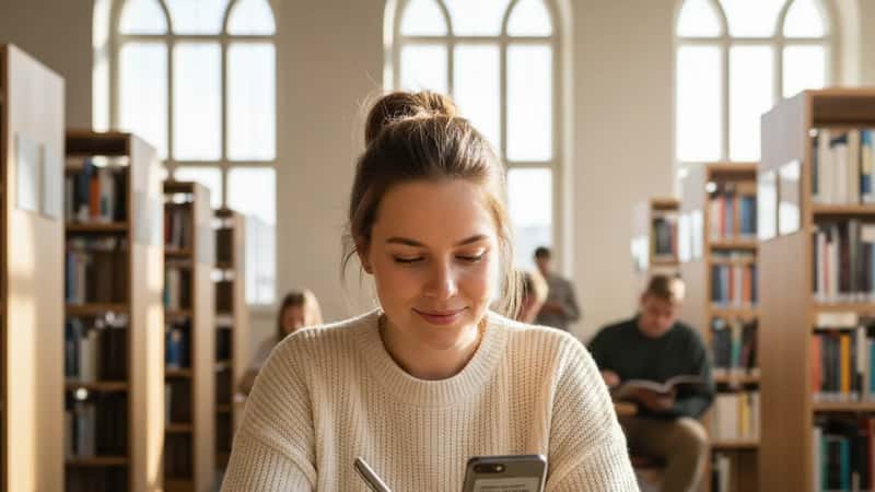 Ung norsk kvinne sjekker tannlegeavtale på mobilen i universitetsbibliotek