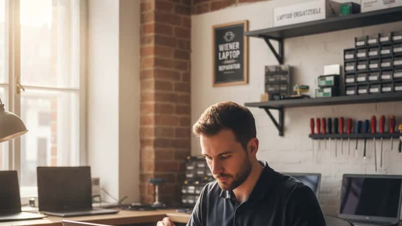 Techniker tauscht ein Laptop-Display in einer Wiener Reparaturwerkstatt aus