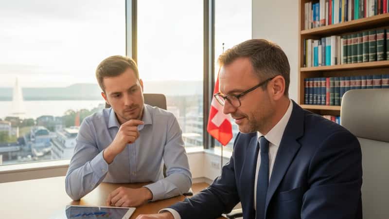 Conseiller financier examinant des documents de prévoyance suisse avec un client dans un bureau genevois