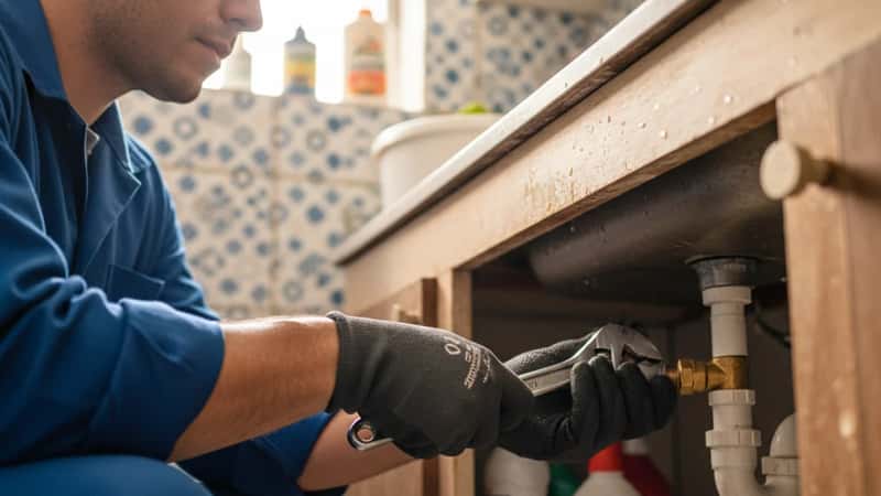Mãos de encanador apertando conexão de latão com chave ajustável embaixo de uma pia em residência brasileira