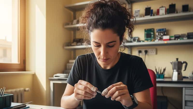 Tecnica italiana ripara uno smartphone con attrezzi di precisione su un tappetino antistatico in un laboratorio