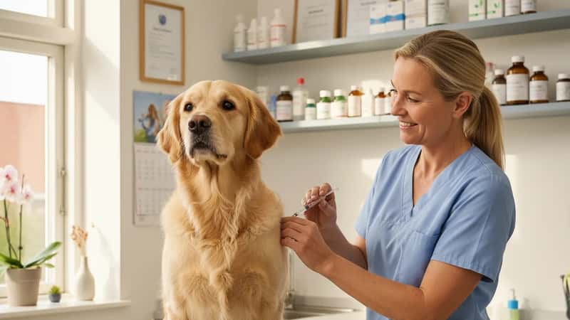 Dyrlæge vaccinerer en golden retriever på undersøgelsesbord i dansk klinik