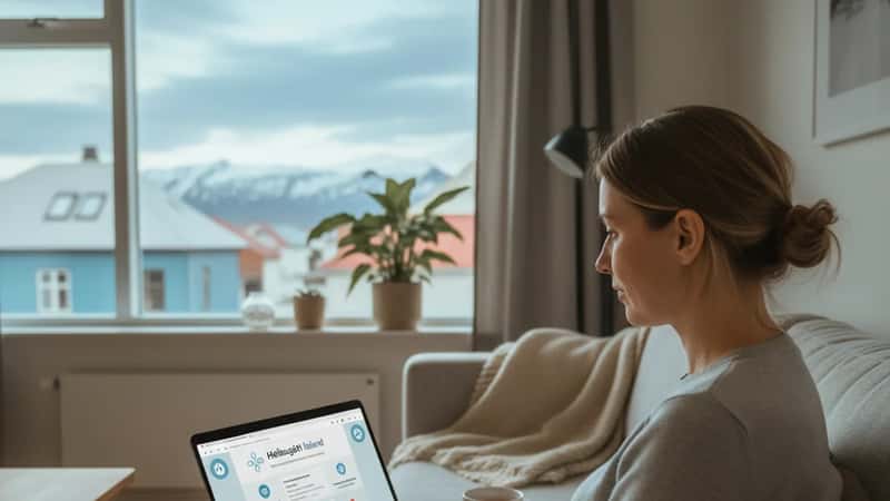 Kona notar stafræna heilsugátt á fartölvu í heimahúsi í Reykjavík