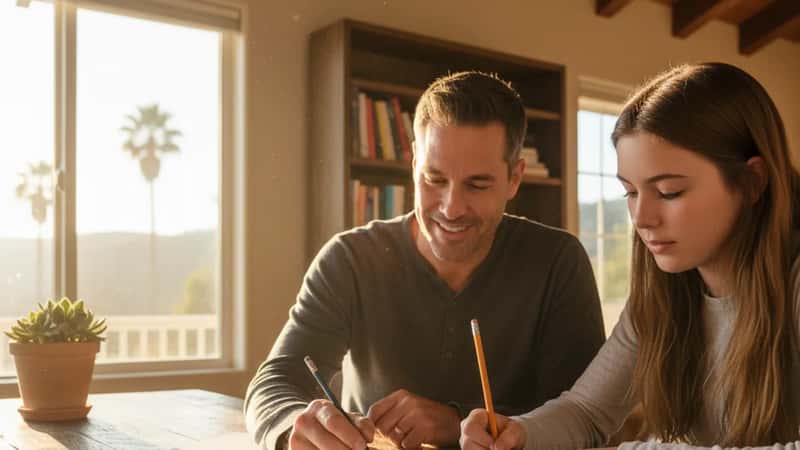 Mains d'un tuteur et d'un élève résolvant une équation quadratique sur papier avec un crayon et une calculatrice