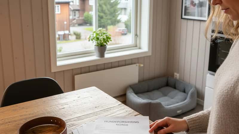 Forsikringsdokumenter og hundehalsbånd på et kjøkkenbord i en norsk leilighet
