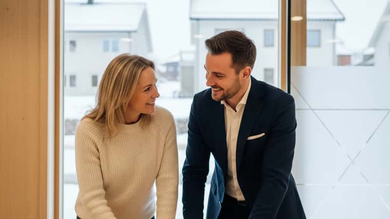 Signering av oppdragsavtale mellom eiendomsmegler og boligselger på et kontor i Norge