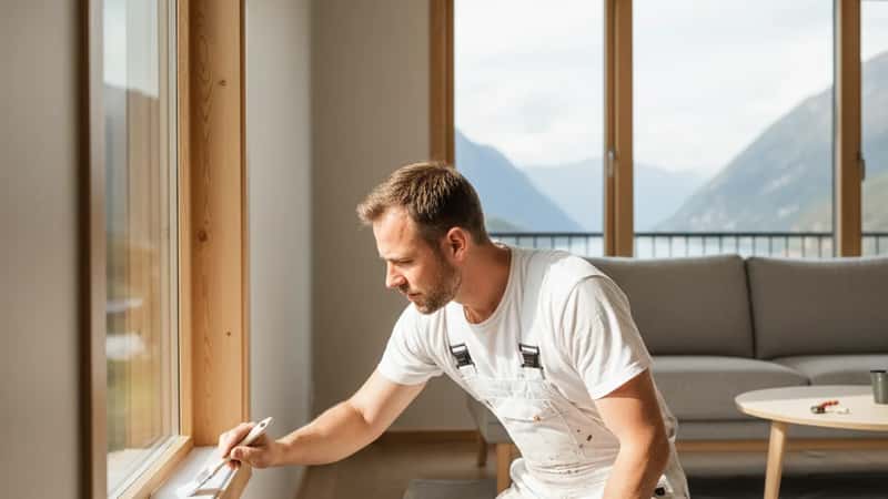 Profesjonell maler utfører presisjonsarbeid langs vinduskarm i en norsk leilighet