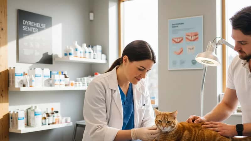 Veterinær undersøker en katts pote forsiktig på en klinikk i Oslo