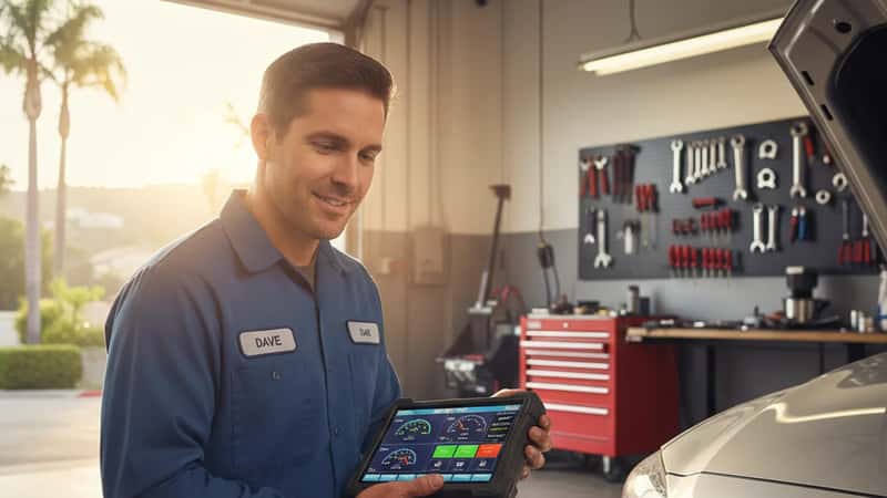 Mechanic using a diagnostic scan tool plugged into a car's OBD-II port, showing live engine data readouts