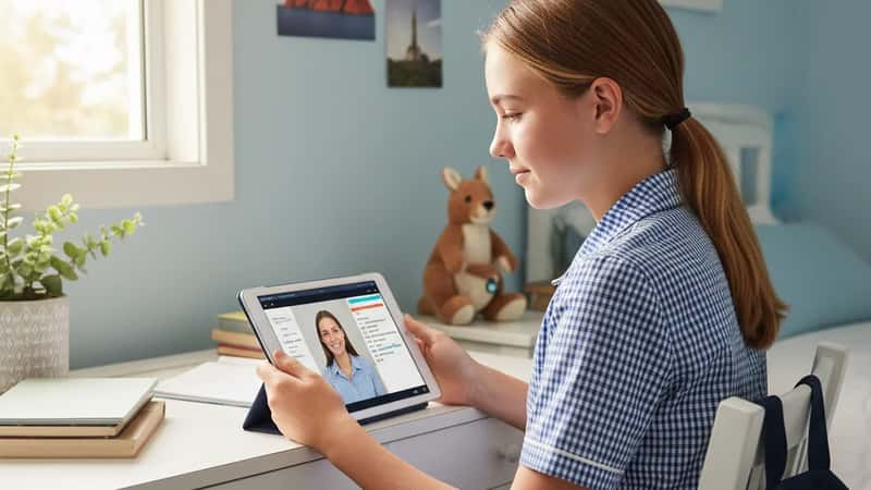 Australian teenage girl in school uniform attending an online tutoring session on a tablet at her bedroom desk