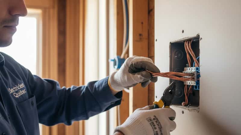 Mains d'un électricien québécois utilisant une pince à dénuder sur du câblage en cuivre dans une boîte de jonction