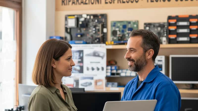 Cliente italiana che consegna il portatile al tecnico nel negozio di riparazione computer