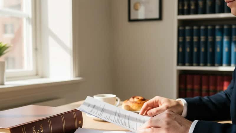 Närbild på händer som granskar svensk lagbok och rättsfallsdokumentation på ett björkträskrivbord