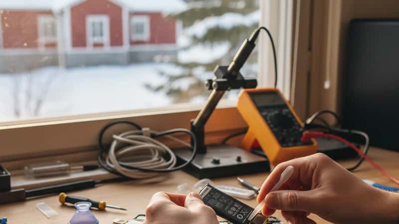 Lähikuva käsistä, jotka vaihtavat puhelimen akkua antistaattisella rannekkeella varustettuna työpöydällä