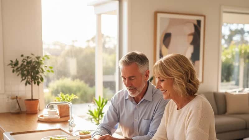 Australian couple in their 60s reviewing financial planning documents at their kitchen table in natural light