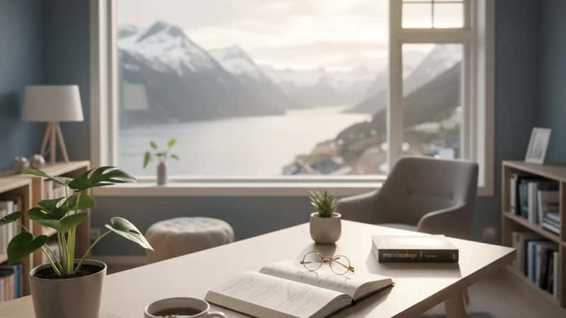 Psykologens skrivebord med notater, en kopp te og en plante i et rolig kontor i Norge