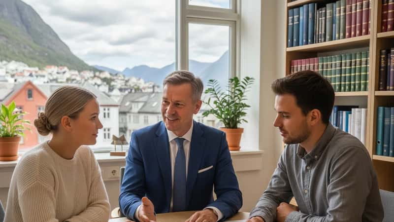 Norsk advokat i samtale med et ungt par på sitt kontor i Bergen