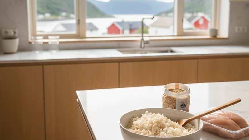 Bland diett med kokt ris og kylling i en hundeskål på kjøkkenbenk