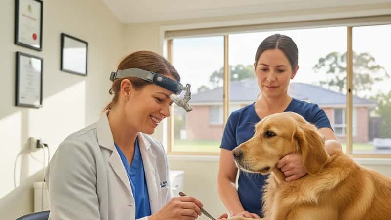 Veterinarian gently examining a golden retriever's paw in an Australian suburban clinic