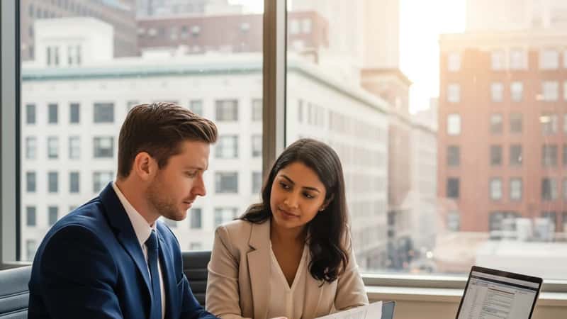 Immigration attorney reviewing case documents with a client across a desk in a law office