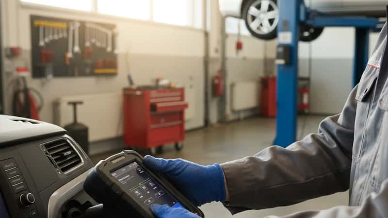 Mekaanikon kädet pitelevät diagnostiikkaskanneria auton OBD-liitännässä suomalaisessa autokorjaamossa
