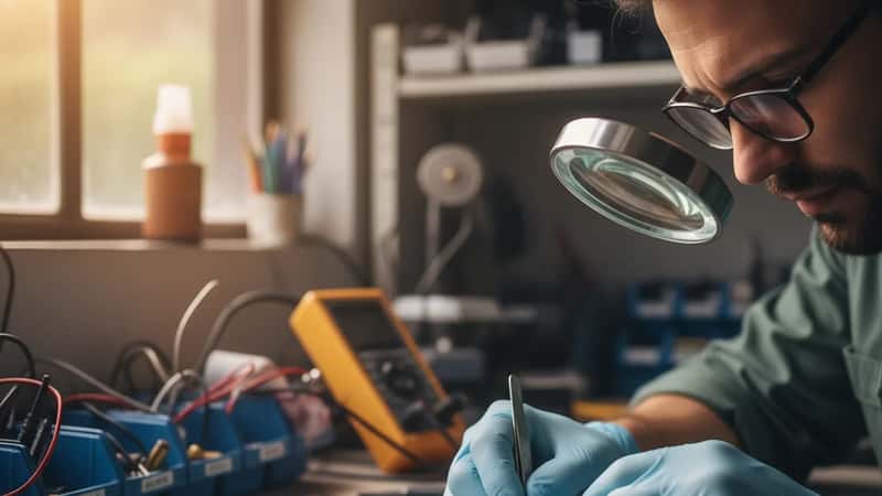 Mãos com luvas antiestáticas examinando uma placa de smartphone sob lupa em oficina de eletrônica