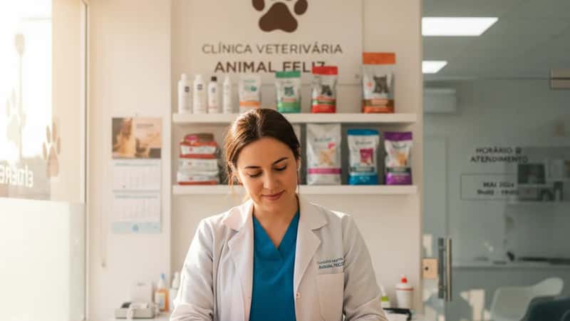 Veterinária a examinar o abdómen de um gato numa clínica em Portugal