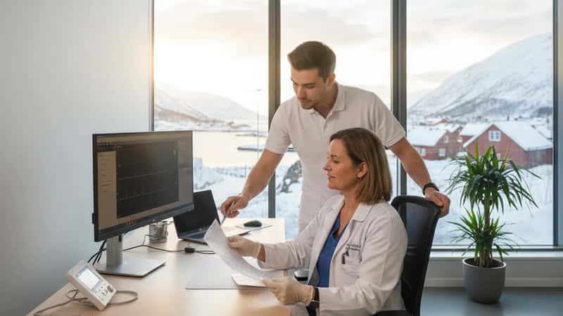 Kardiolog analyserer EKG-utskrift ved skrivebord i norsk klinikk med moderne utstyr