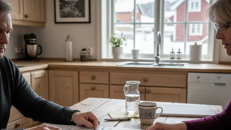 Nærbilde av hender som gjennomgår pensjonsdokumenter og kontoutskrifter på et kjøkkenbord i Norge